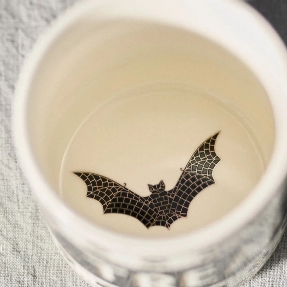 Anthropologie The Bistro Tile Stoneware Mug: Halloween BAT Trick or Treat
